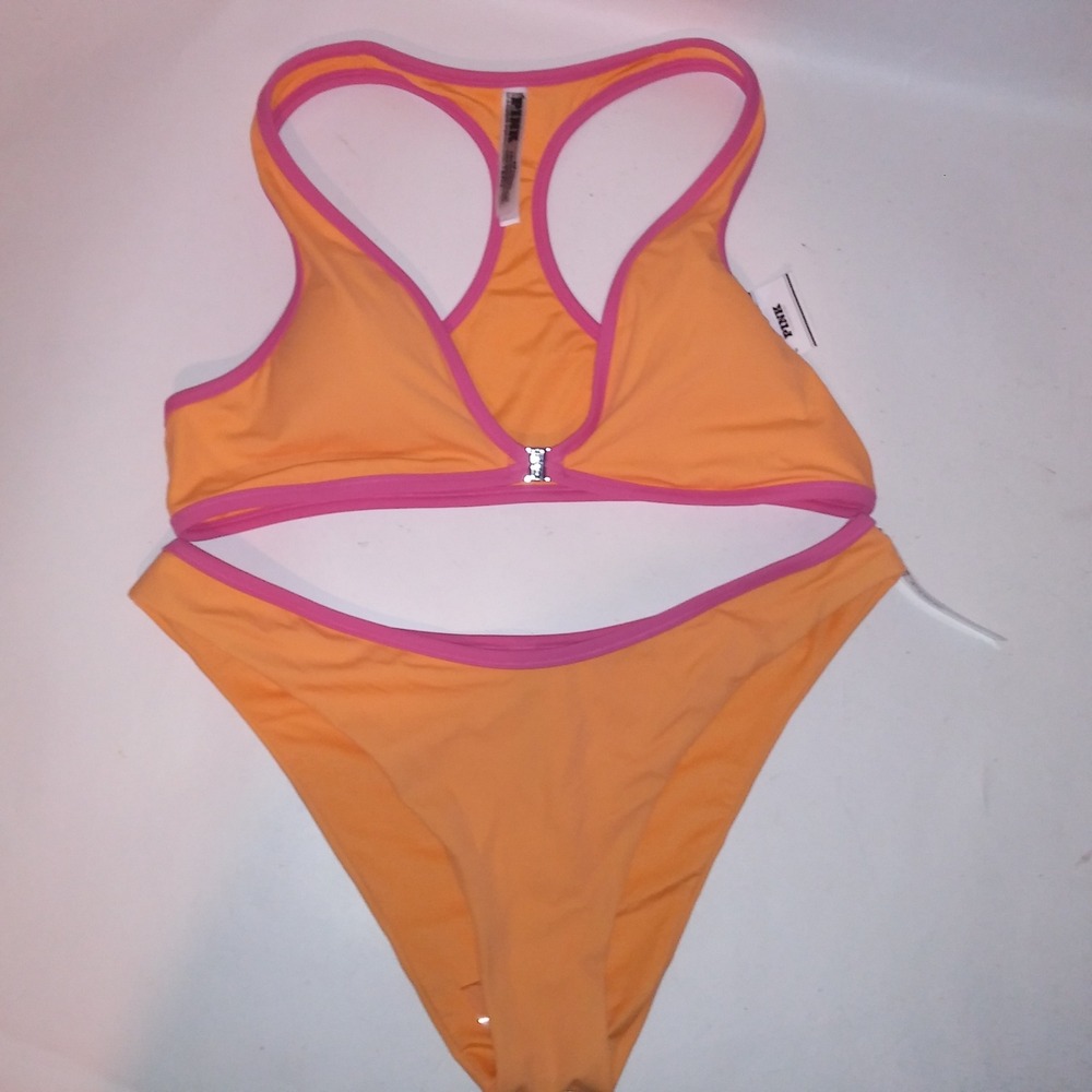 Victoria Secret PINK Swim Bikini Large Top & Bottom Orange Pink Racerback New